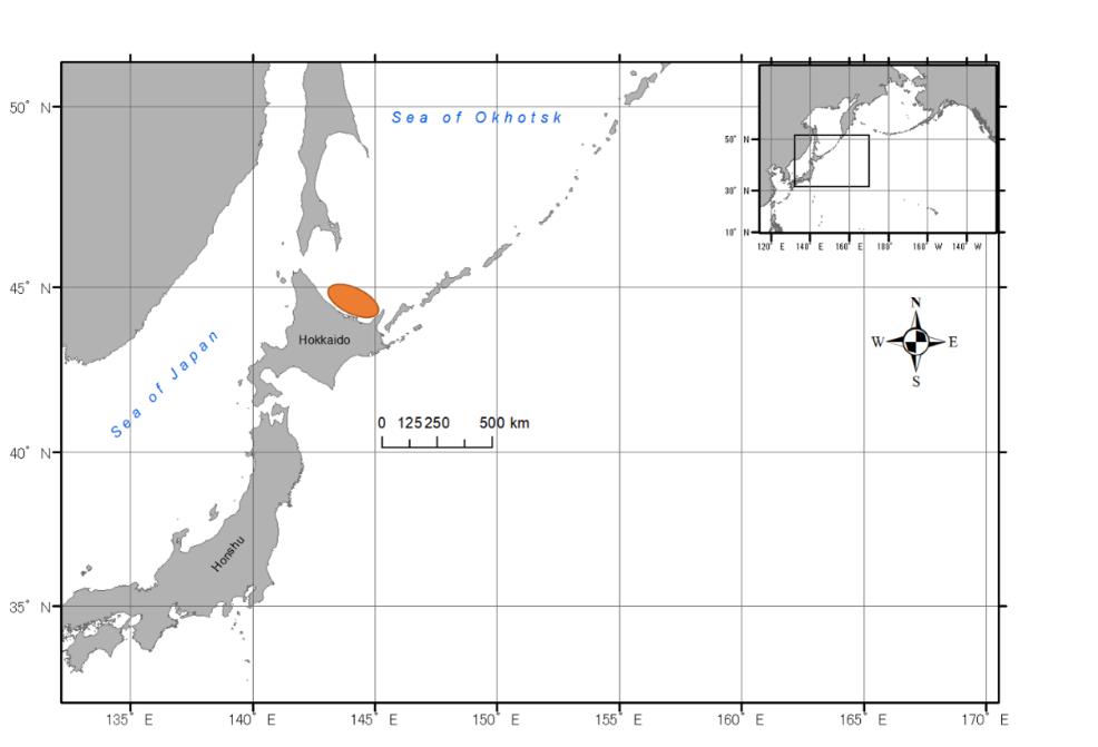Map of the Sea of Japan and Sea of Okhotsk, marking a small area in the Southern Sea of Okhotsk as the survey area.